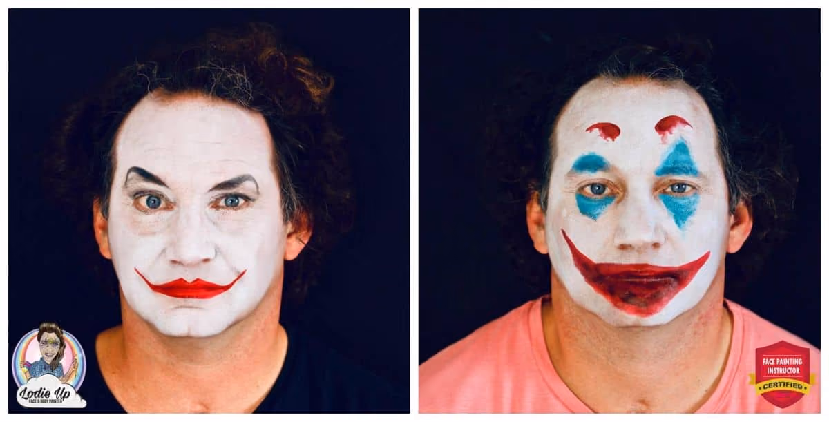 two images of unfinished joker face paint without details