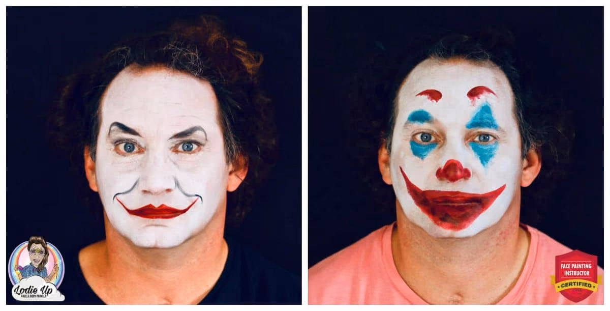 two images of almost finished joker face paint