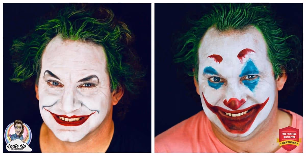 two completed joker face paint designs - one in the jack nicholson style and the other is joaquin phoenix