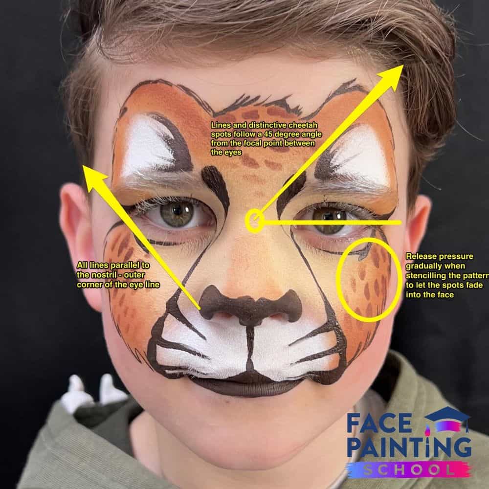 a boy with a compleated cheetah face paint design with arrows pointing to focal points