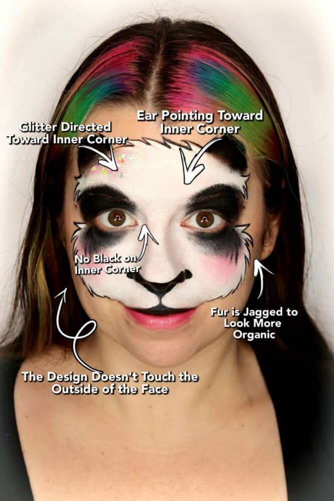 a girl with an panda face paint with arrows that show the focal points