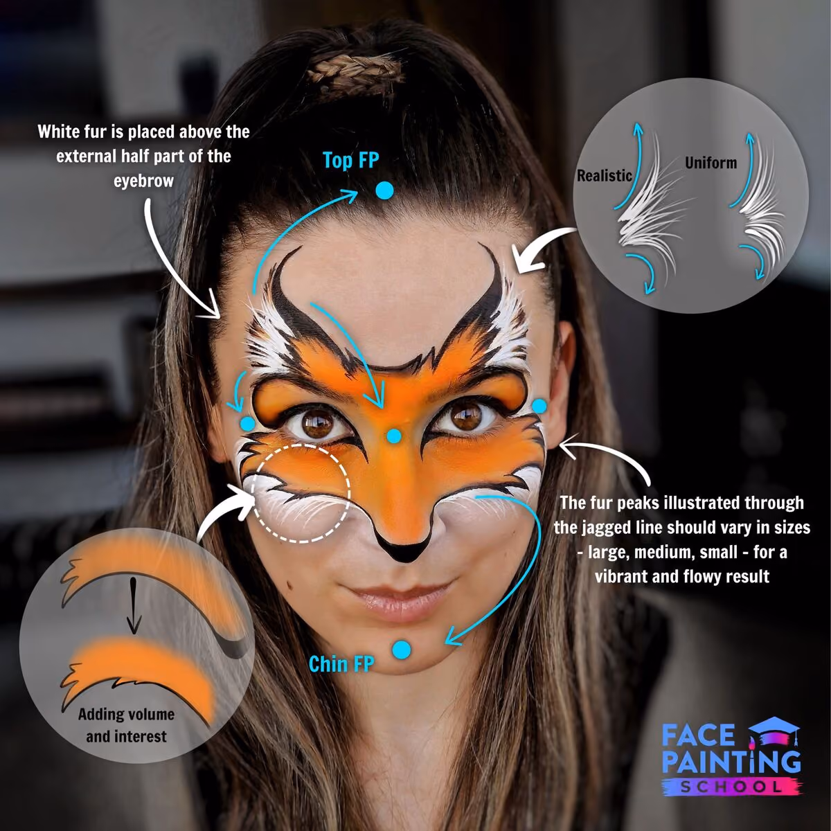 a girl with a fox face paint with arrows pointing to focal points