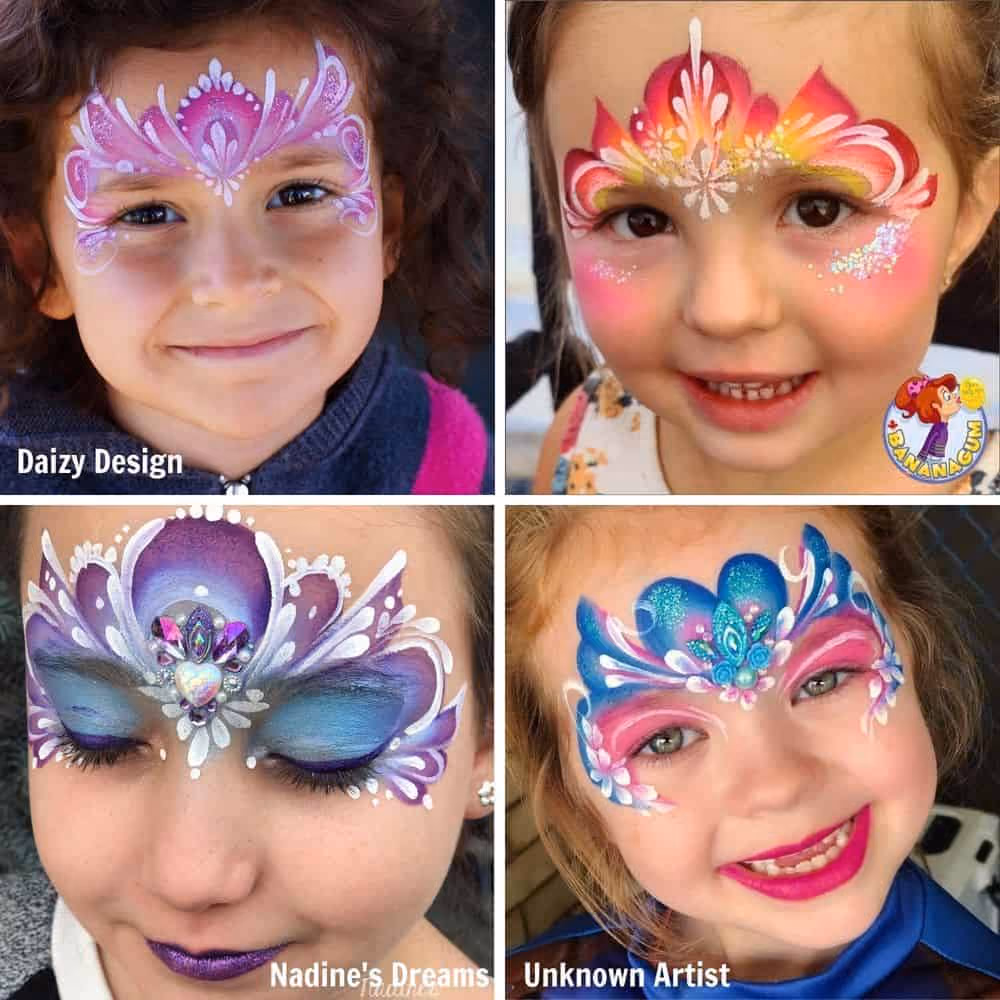 four girls wearing princess crowns face paintings