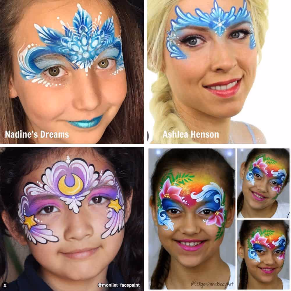 three girls and a woman with very colorful designs of face paintings
