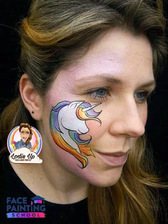 a woman with a base of a white unicorn face paint with rainbow mane now with a hard outline