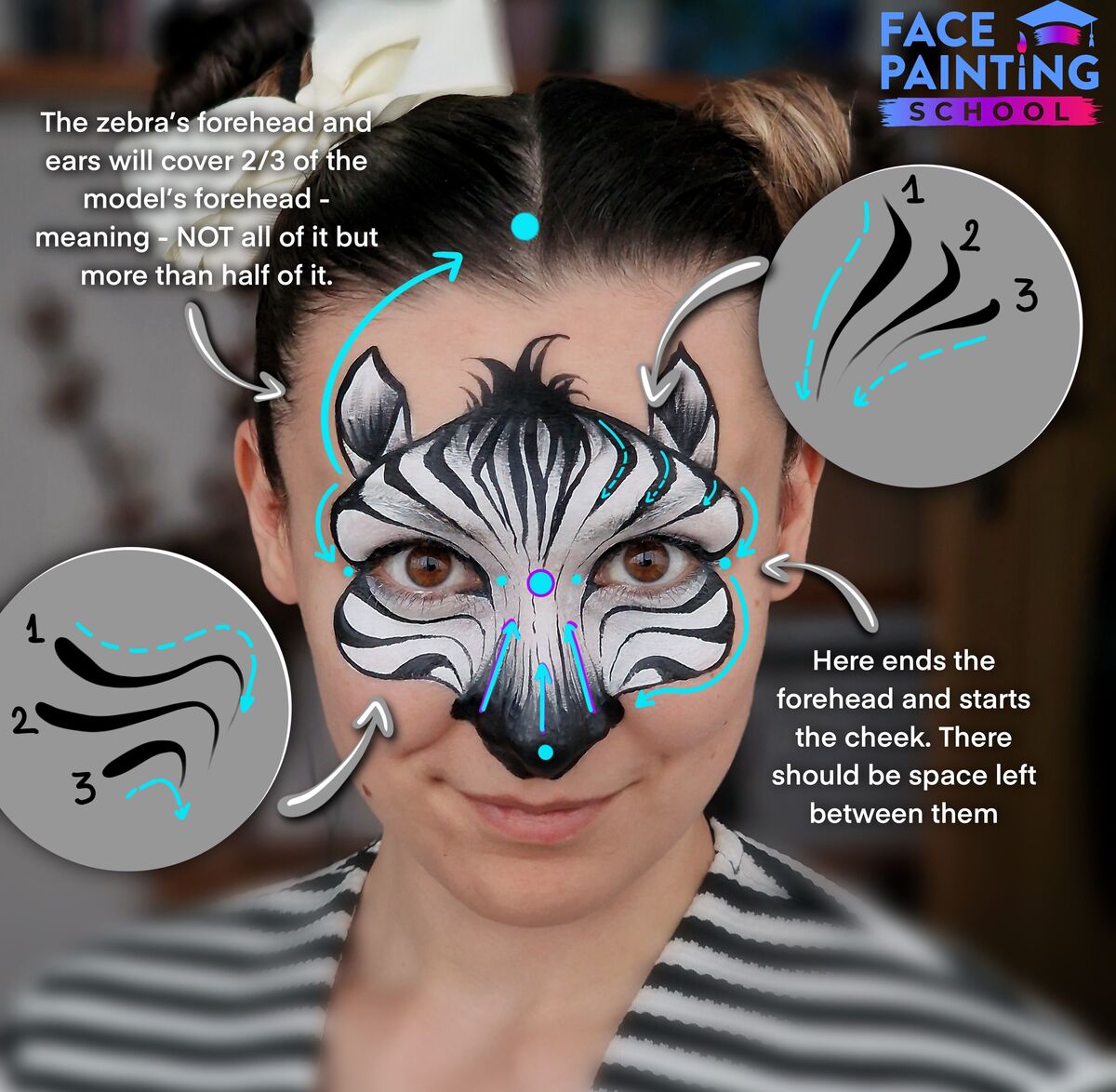 a girl with a zebra face paint design with arrows pointing to focal points