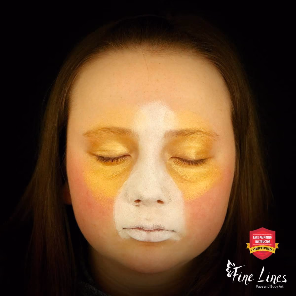 a girl with her eyes closed with white face paint base on her nose and mouth and golden paint on and around her eyes