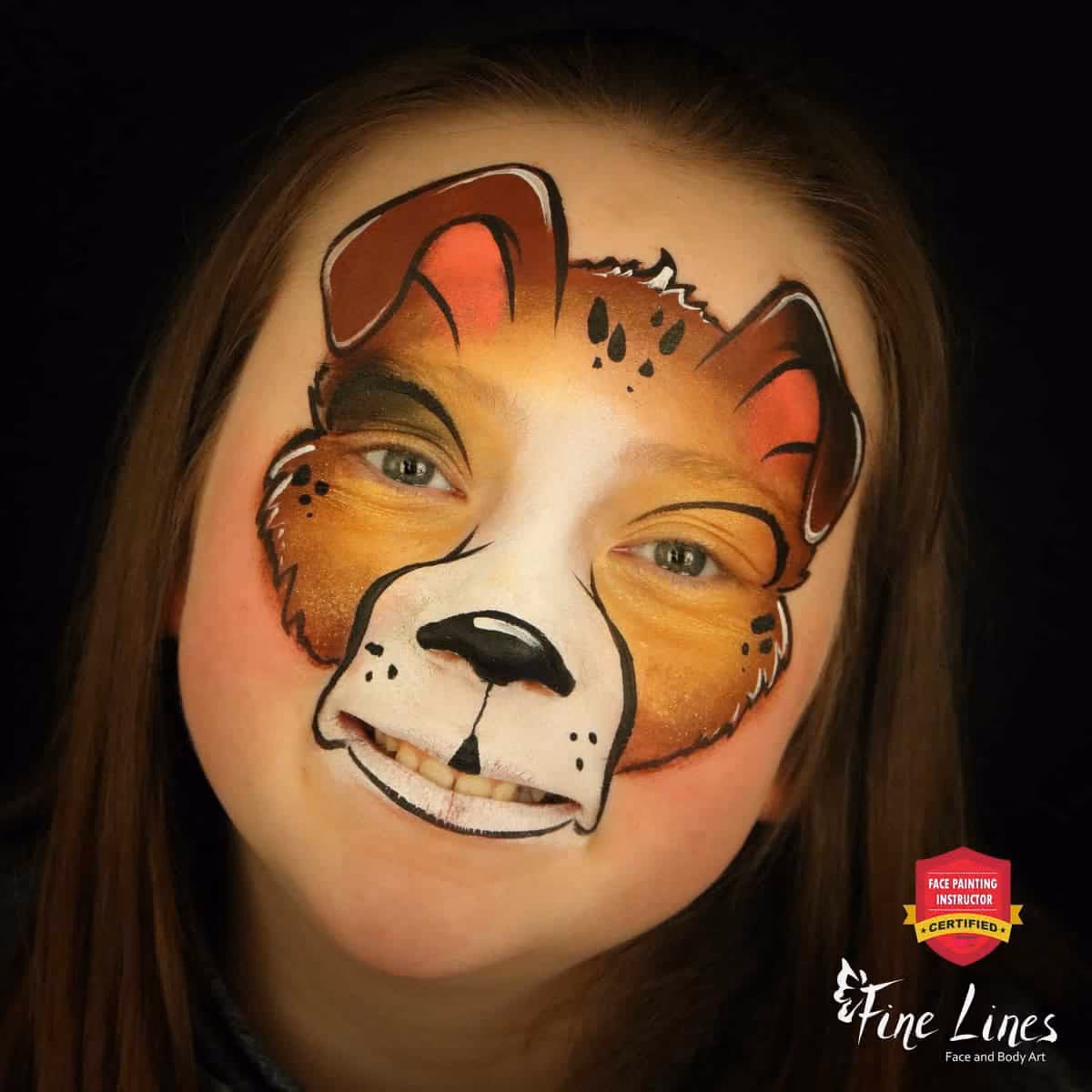 a girl looking at the camera with compleated dog face paint on her