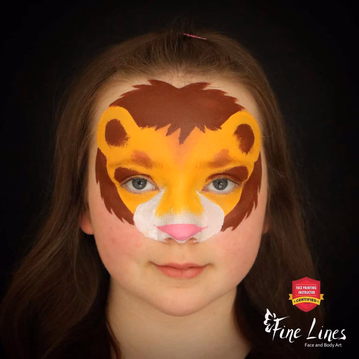 a girl with an unfinished lion face paint design