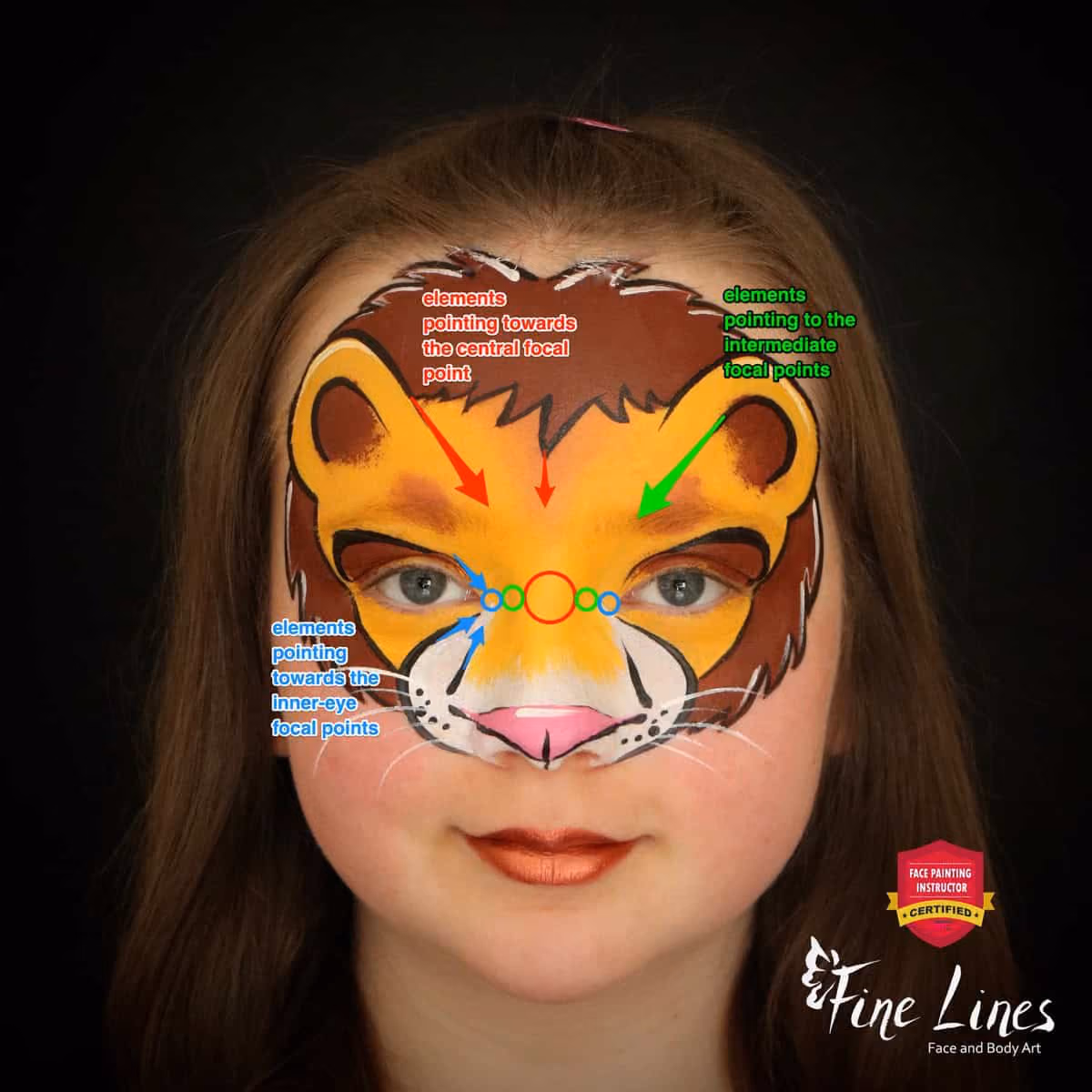 a girl with a compleated lion face paint design with arrows pointing to focal points