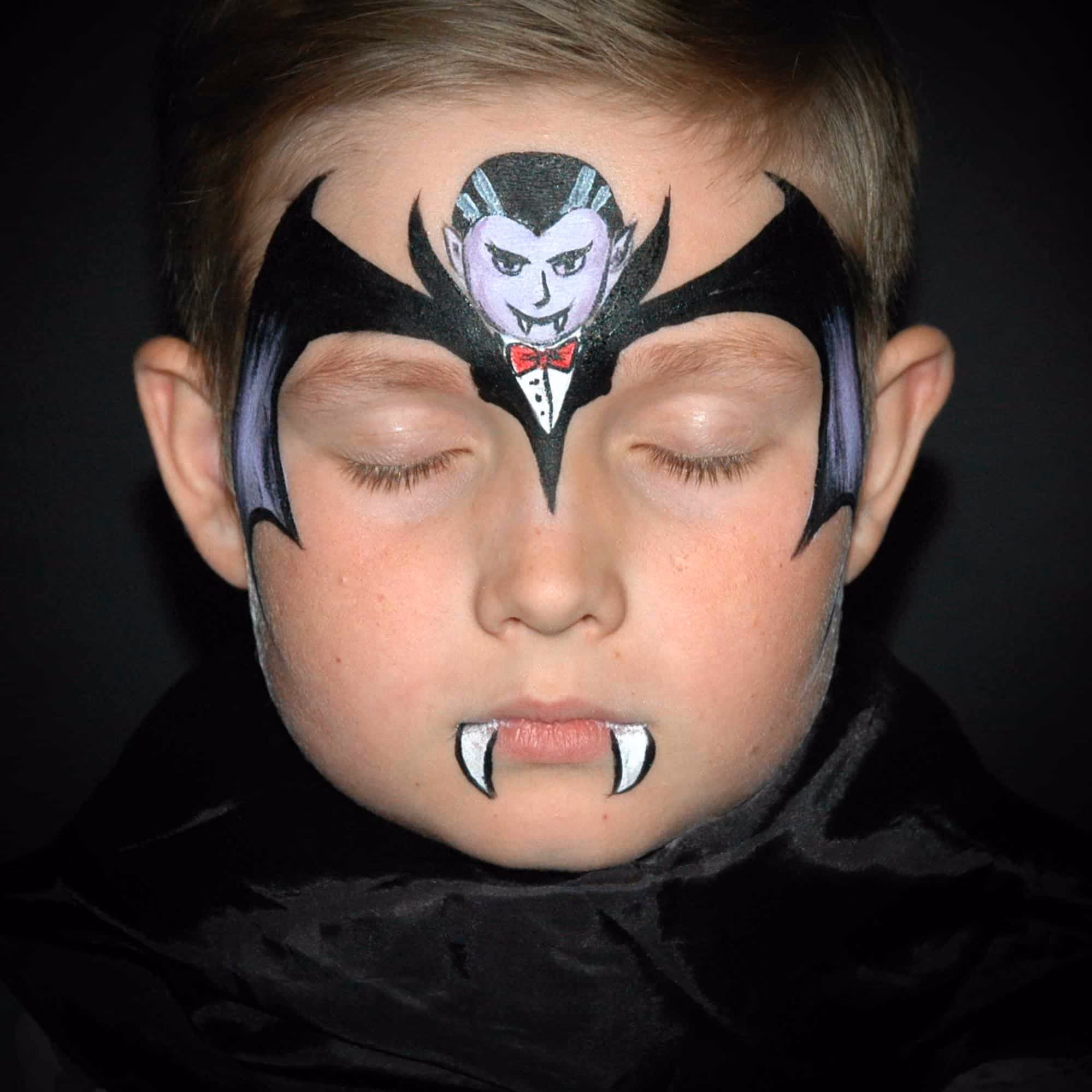 boy with a vampire face paint mask that now has a face, detailed hair and fangs