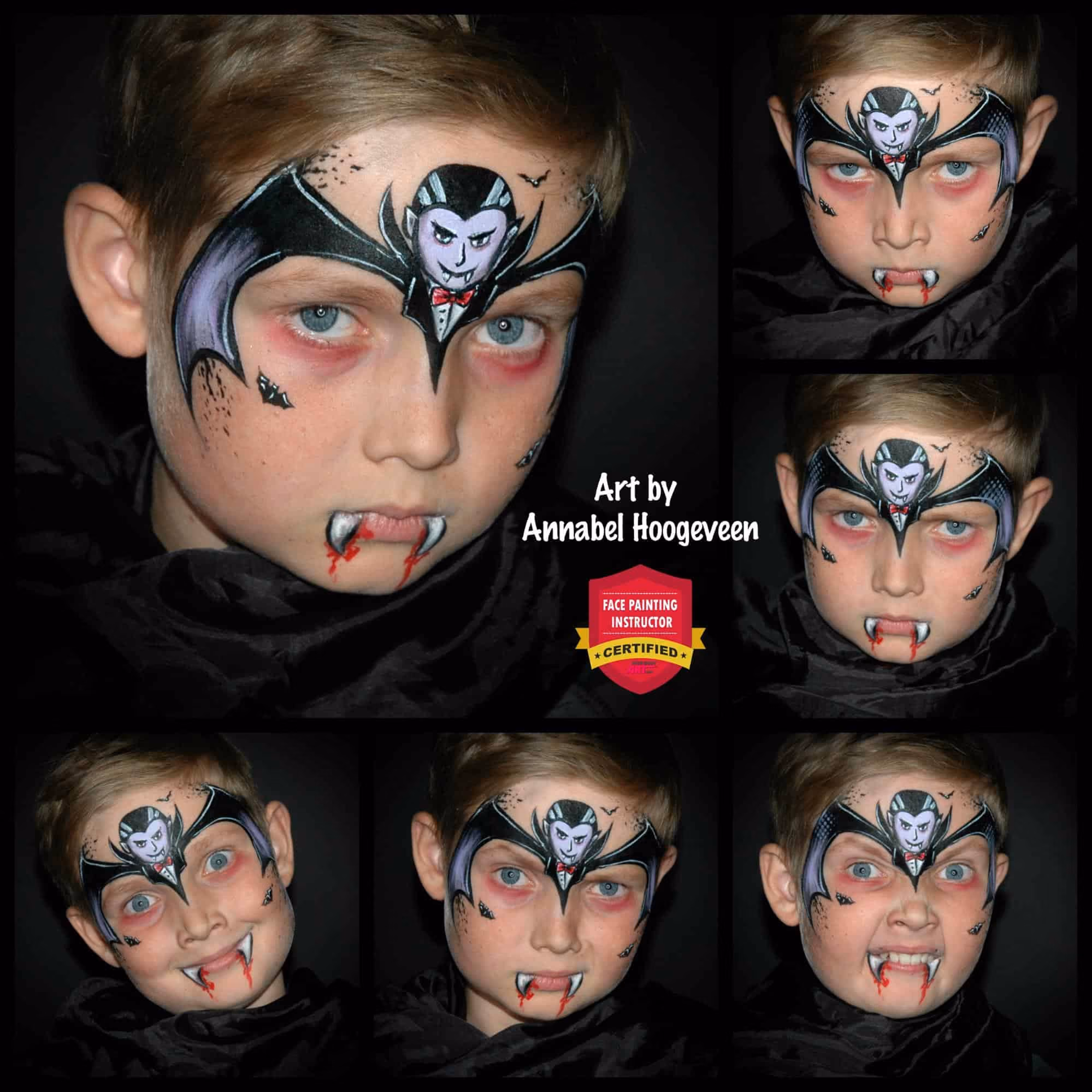 6 images of a boy with a vampire face paint on his forehead and mouth