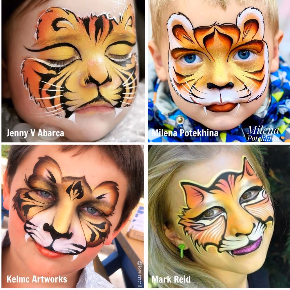 four children wearing different tiger face paint designs
