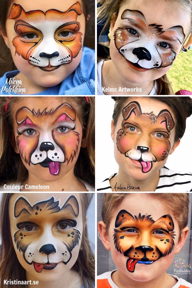 six children wearing different dog face painting designs