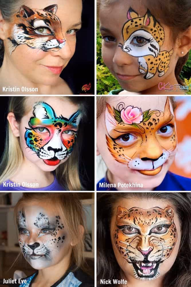 three women and three girls wearing different cheetah face paint designs