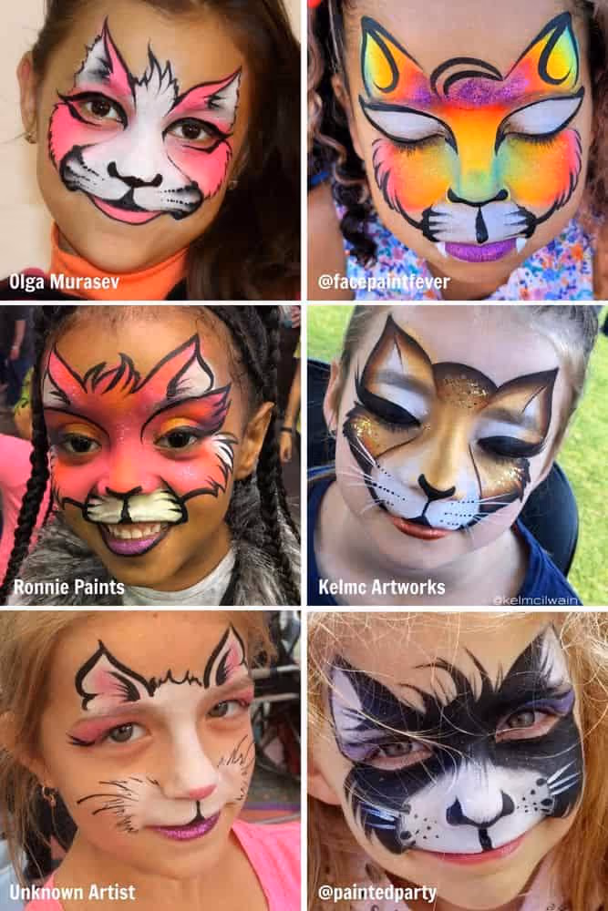 six girls wearing different colorful cat face paint designs on them