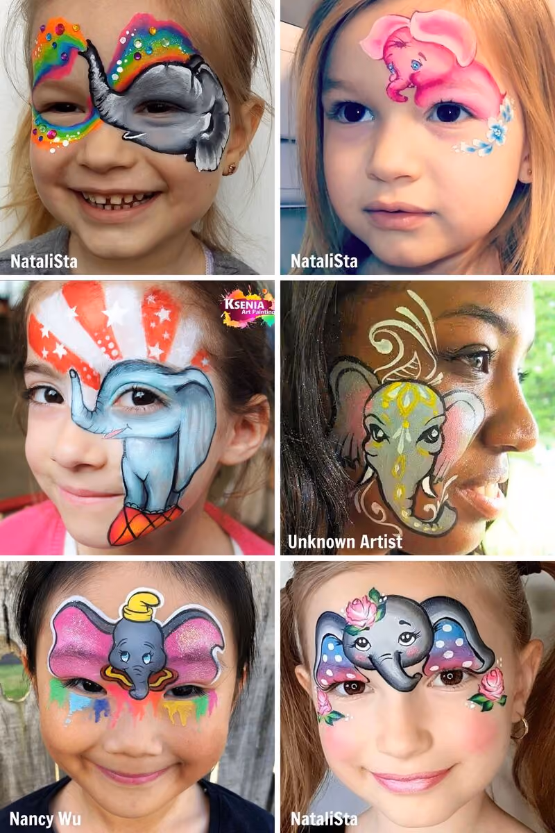 six young girls wearing different elephant faca painting designs