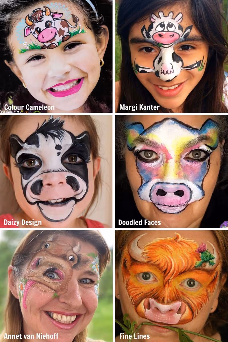 six images of people wearing different cow face paint designs