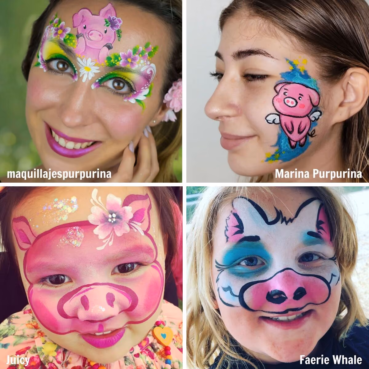 4 different designs of a pig face paint painted on 4 different girls