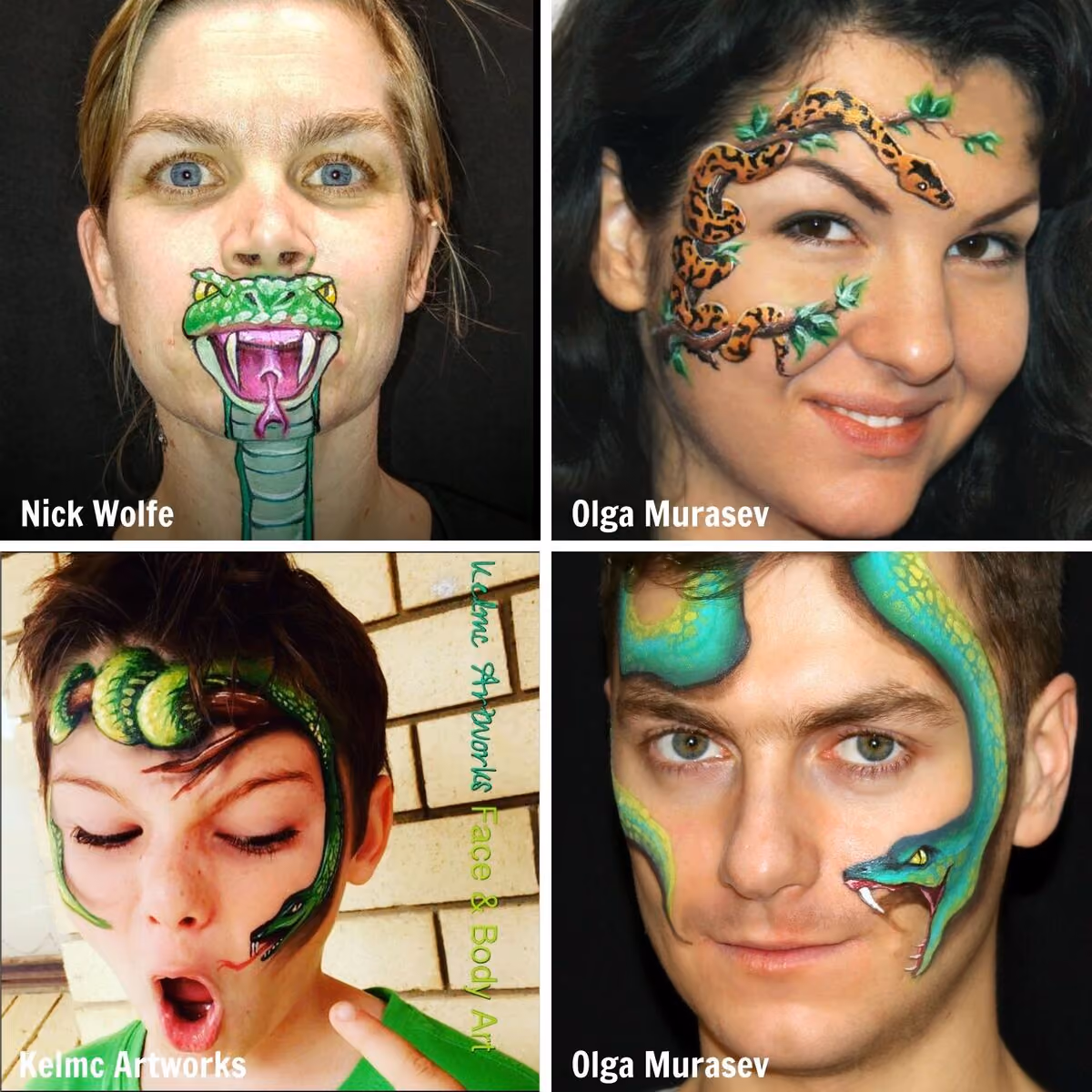 four people wearing different snake face paint designs