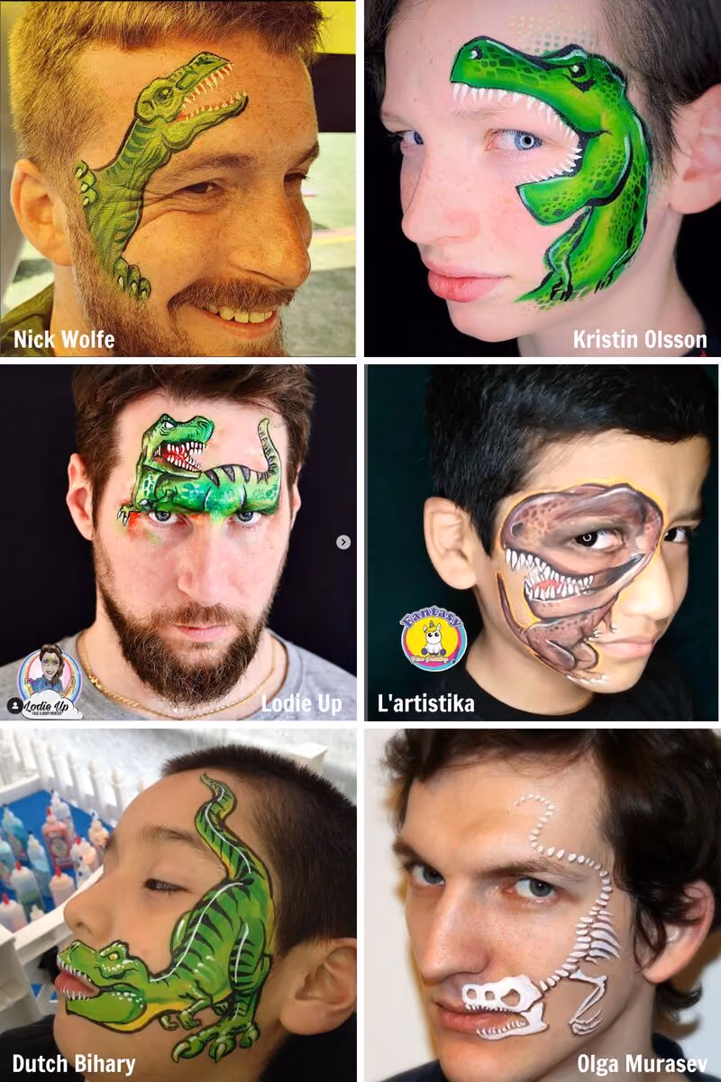 six images, three men and three boys wearing different dinosaur face painting designs