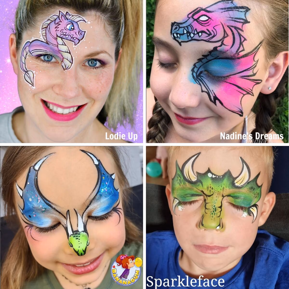 four images of different dragon face paint designs