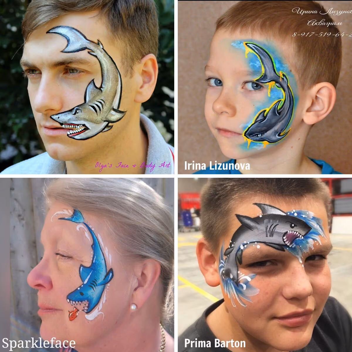4 design versions of shark face paintings on a man, two children and a woman