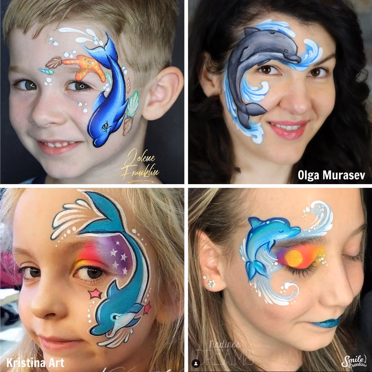 a woman and three children wearing different dolphin face paint designs