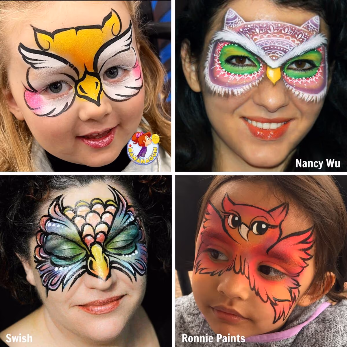 two women and two girls wearing different owl face pain designs