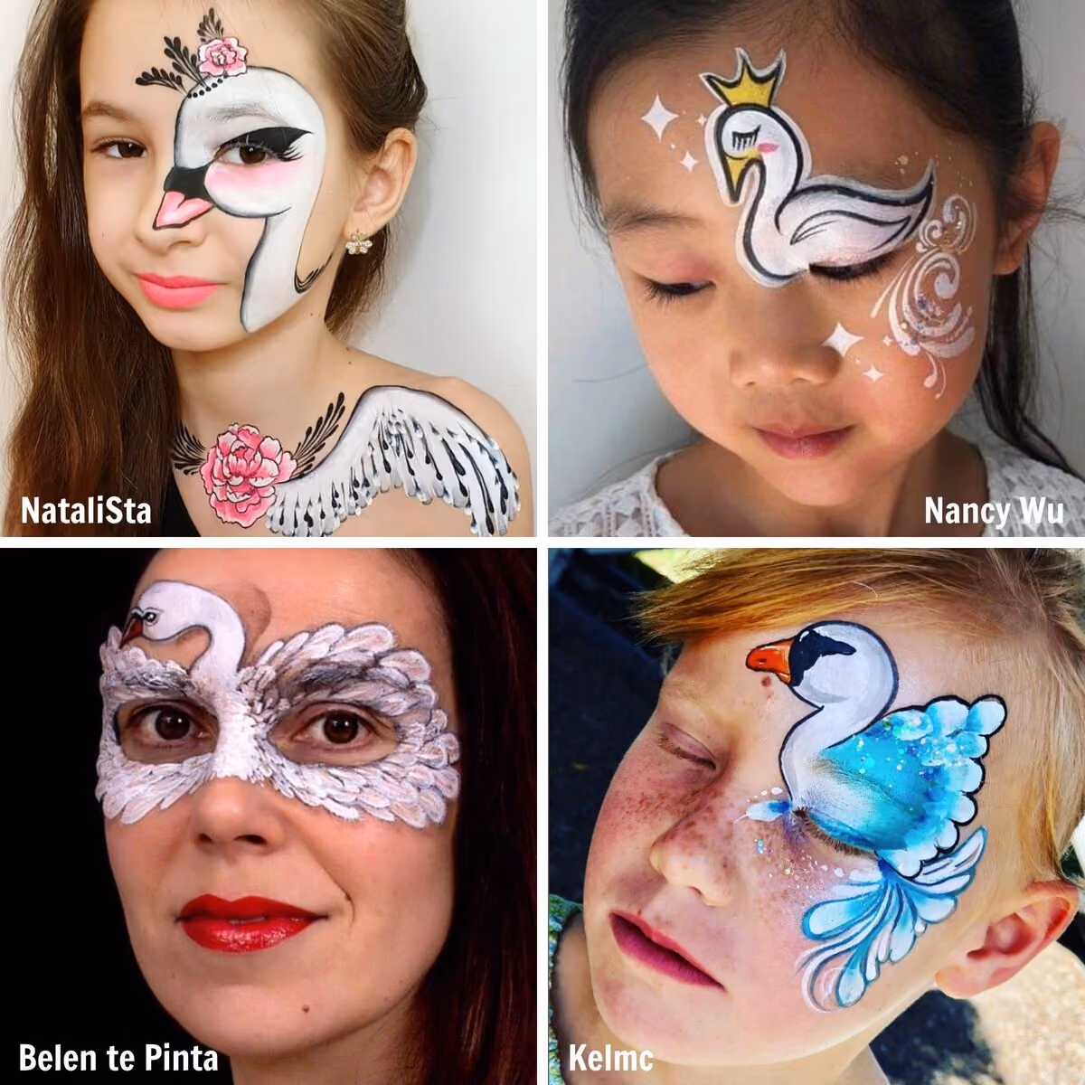 a woman and three girls wearing different swan face paint designs