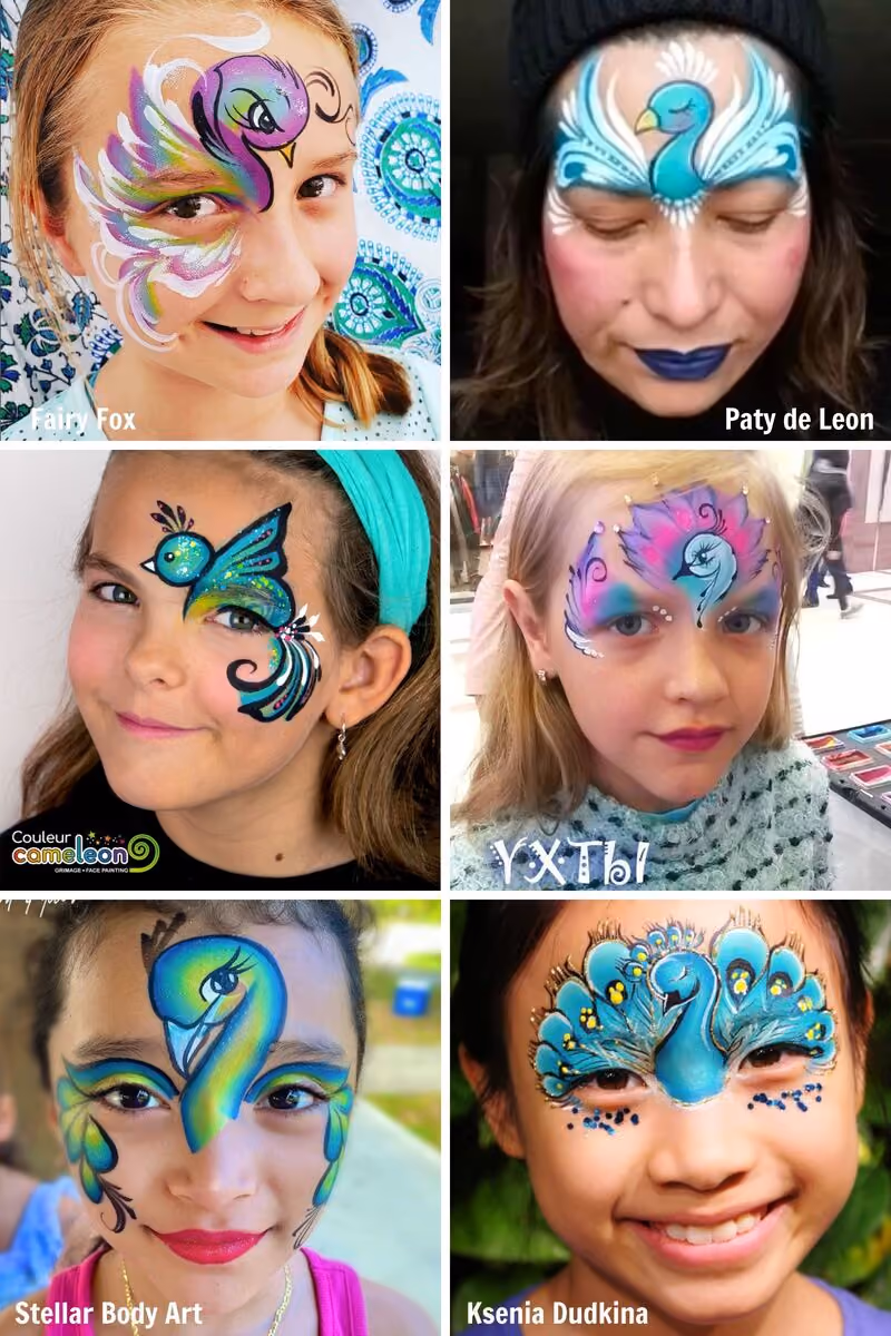 a woman and five girls wearin different designs of peacock face paintings