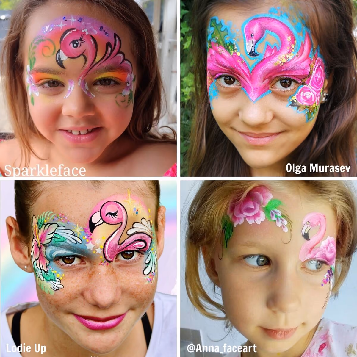 four girls with different flamingo face paint designs