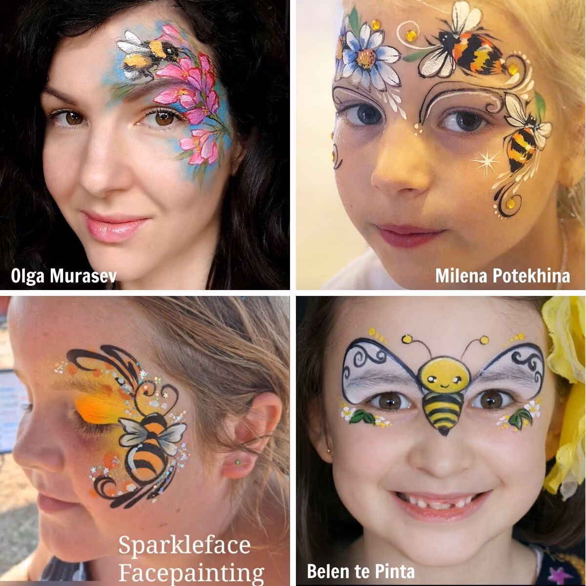 four different bee face paint designs presented on a woman and three children
