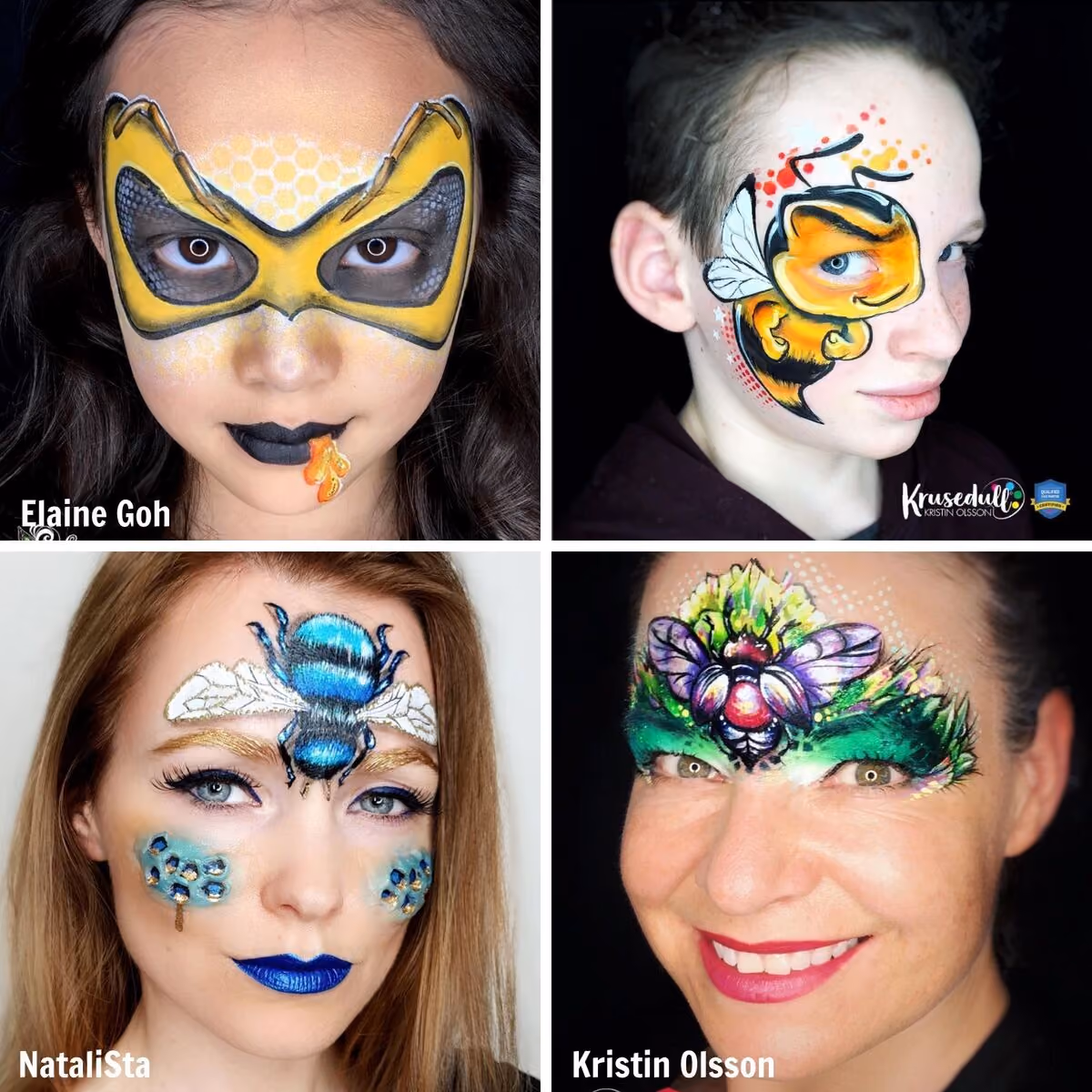 four bee face paint designs. two are black and yellow, one is blue and one is purple