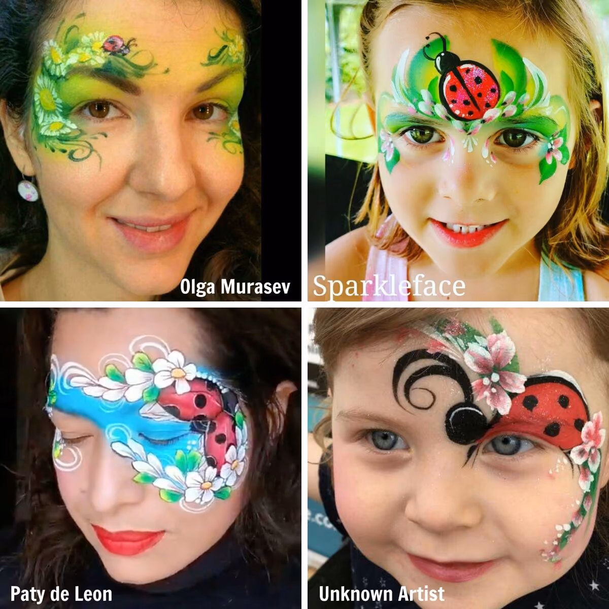 two women and two girls with different ladybug face paint designs