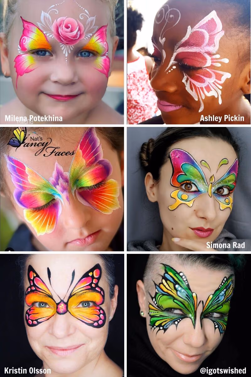 a woman and five children with different colored butterfly face paint designs