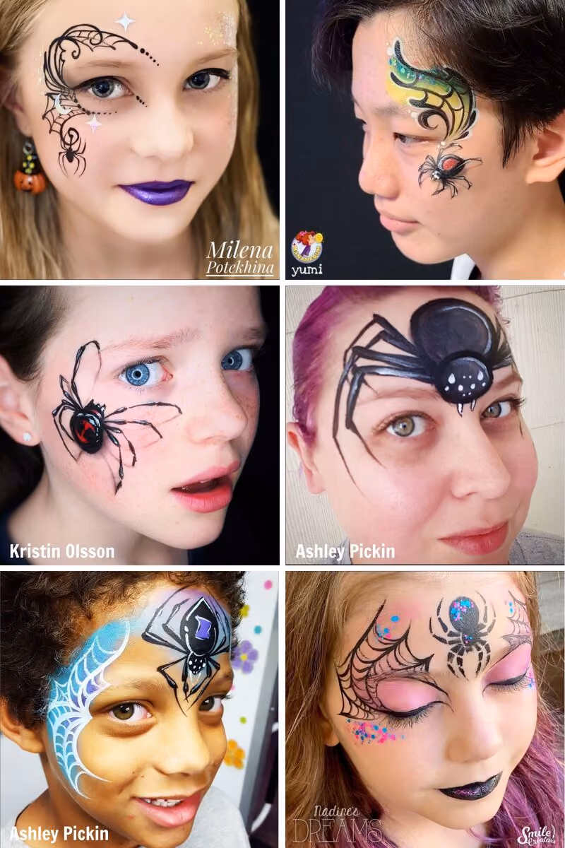 a woman and five children with different spider face paintings