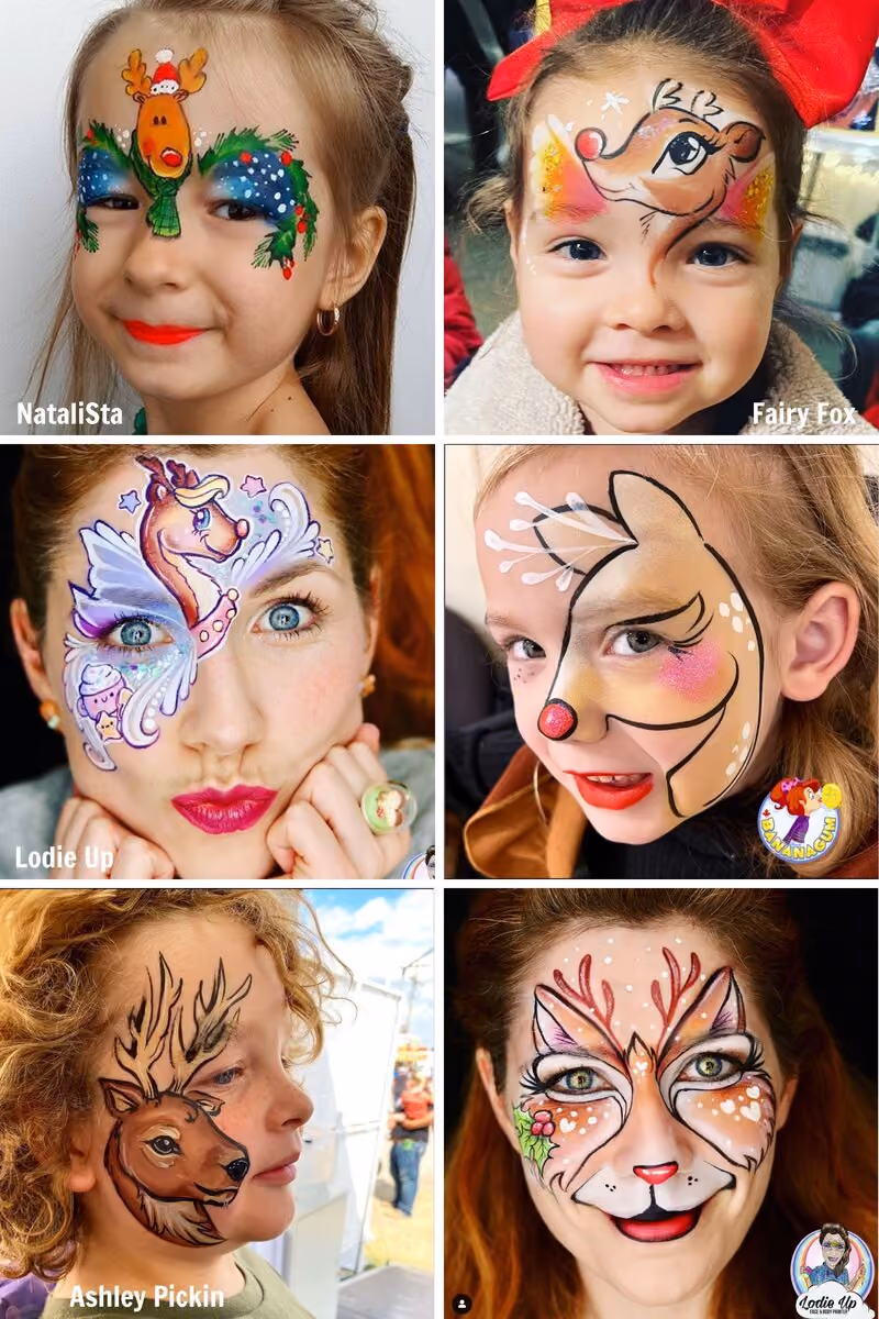 three women and three girls wearing different designs of reindeer face paint