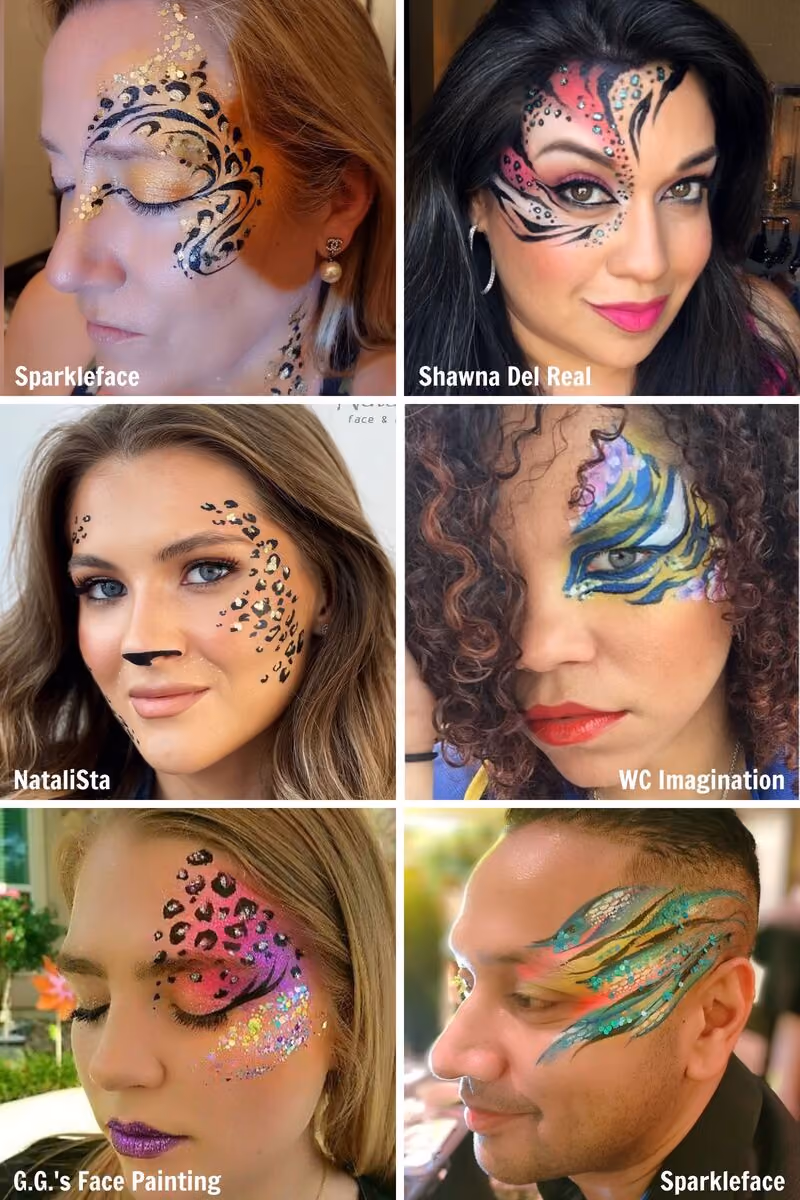 a man and five women wearing cheetah and tiger eye face paint designs