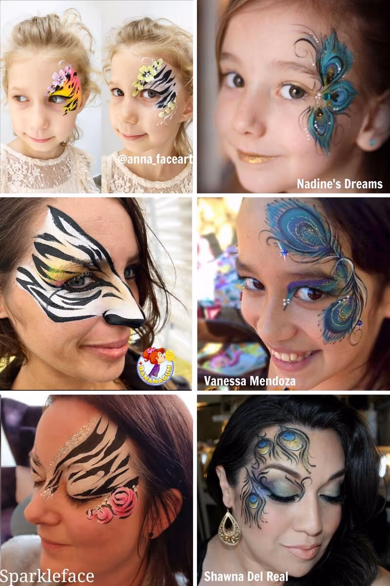 six girls with face paintings on their eyes. three have zebra face paintings and three have peacock