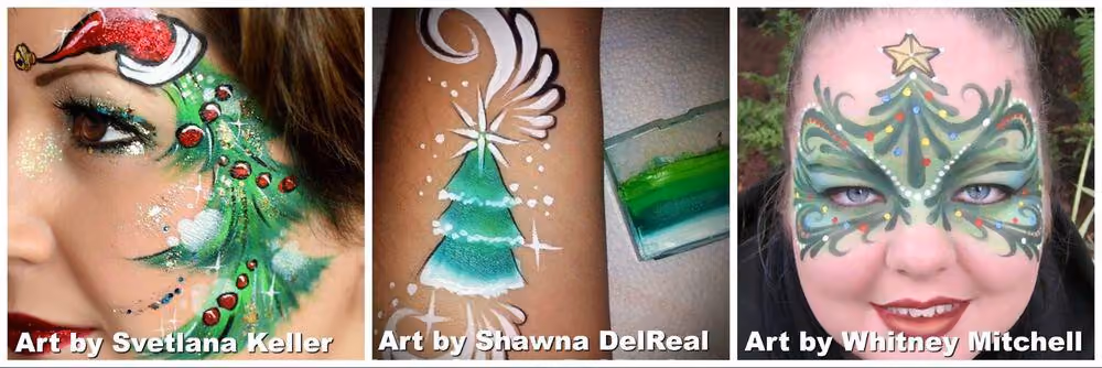 three christmas face paintings - two painted on faces and one on an arm