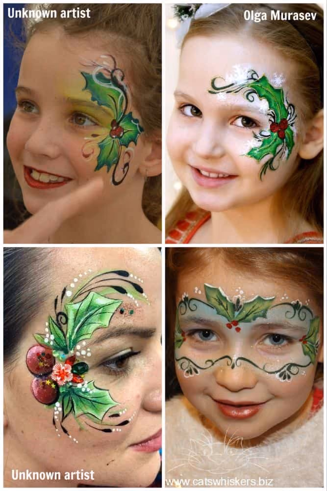 four girls wearing different mistletoe face paint designs