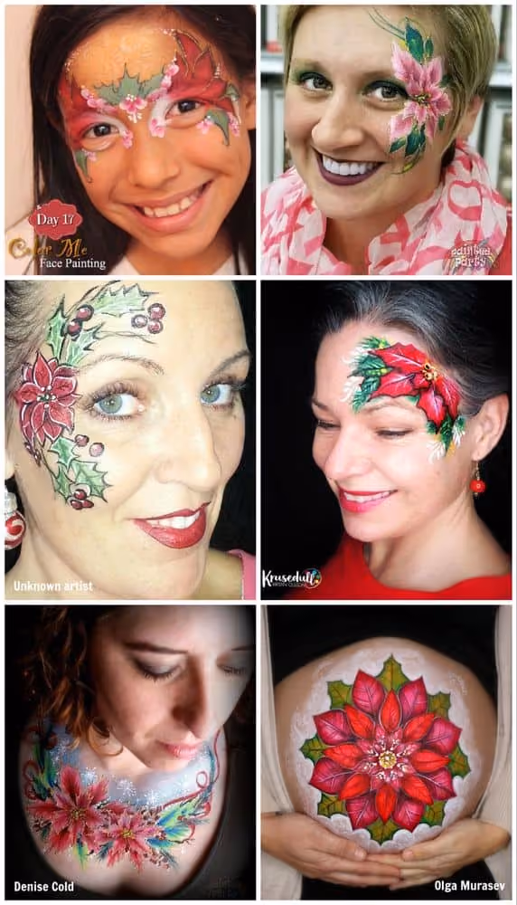 five women with flowers face paintings and an image of a flower belly painting