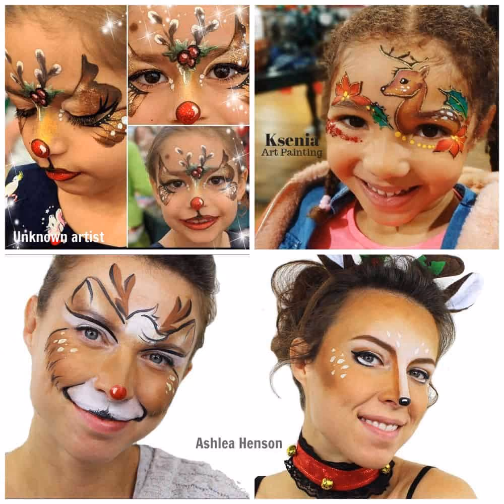 two girls and two women with rudolph the reindeer face paintings on them