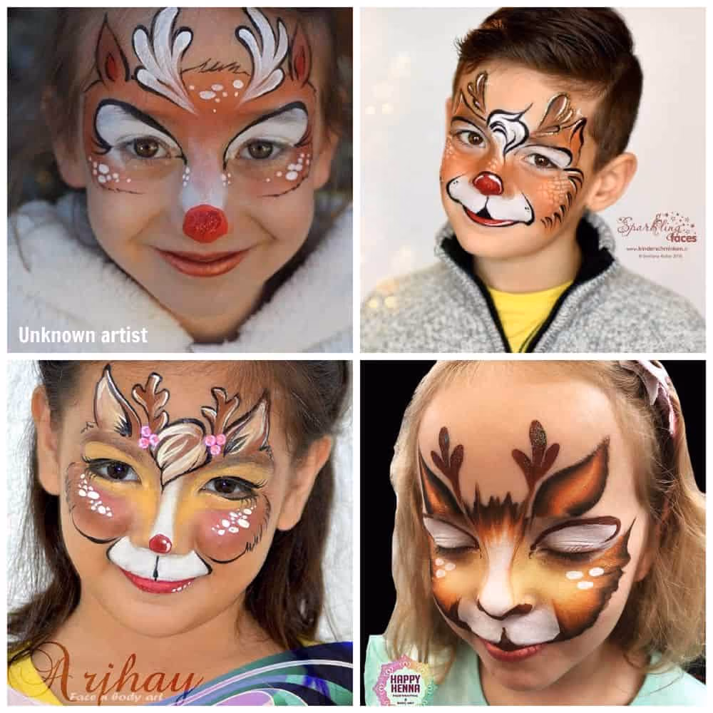 four children with different reindeer face paint designs