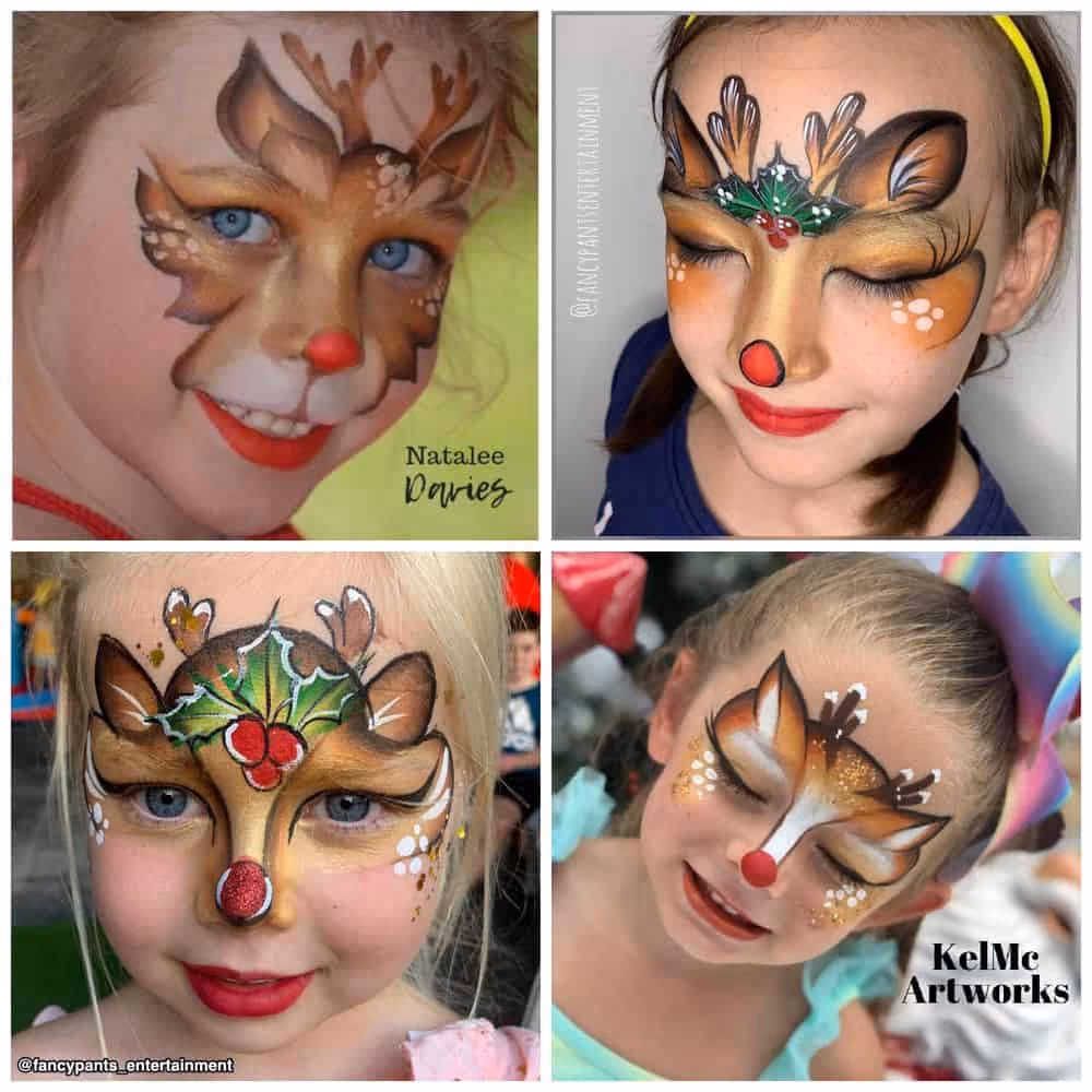 four girls wearing different reindeer face paint designs