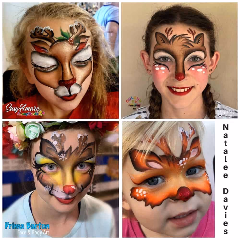 two girls and two women wearing different reindeer face paint designs
