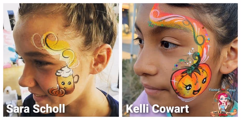 two girls with different face paintings on the left sides of their faces