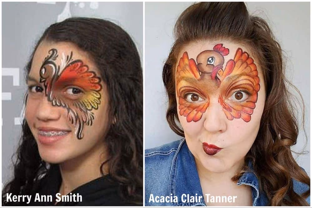 two girls with two different turkey face painting designs