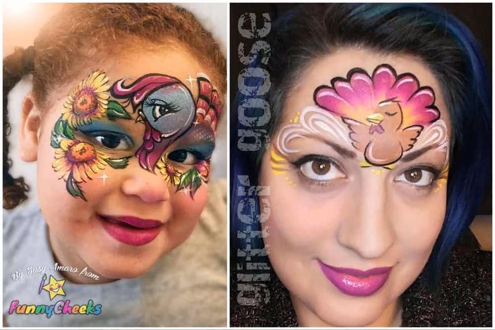 two images of two different turkey face paint designs on two girls